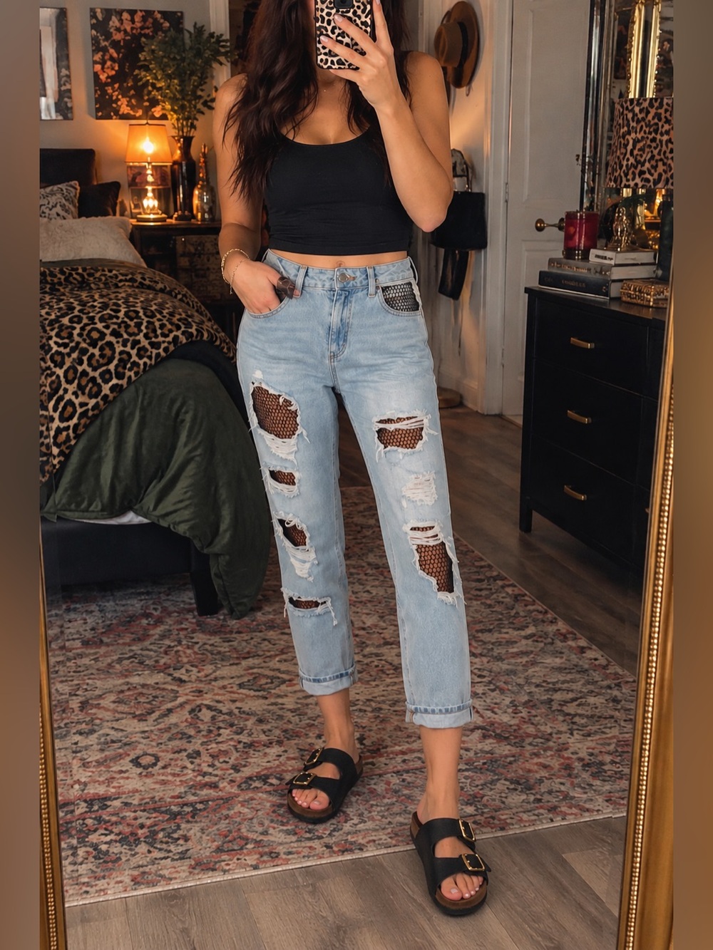 Topshop Moto Mom Ripped Fishnet Jeans W26 L30